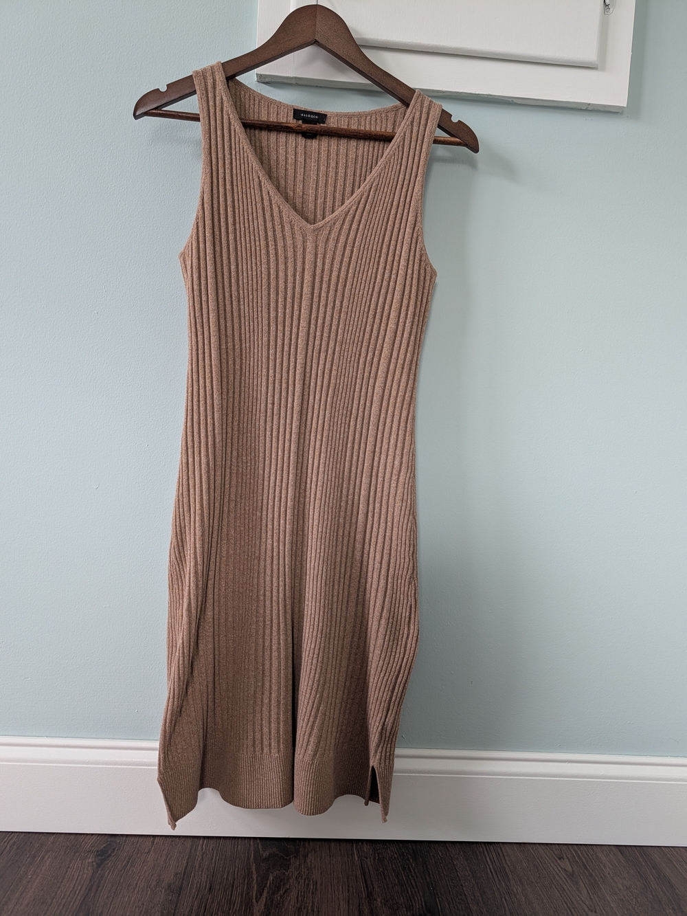 Halogen Ribbed Knit Dress With Cardigan In Camel - Picture 2 of 6